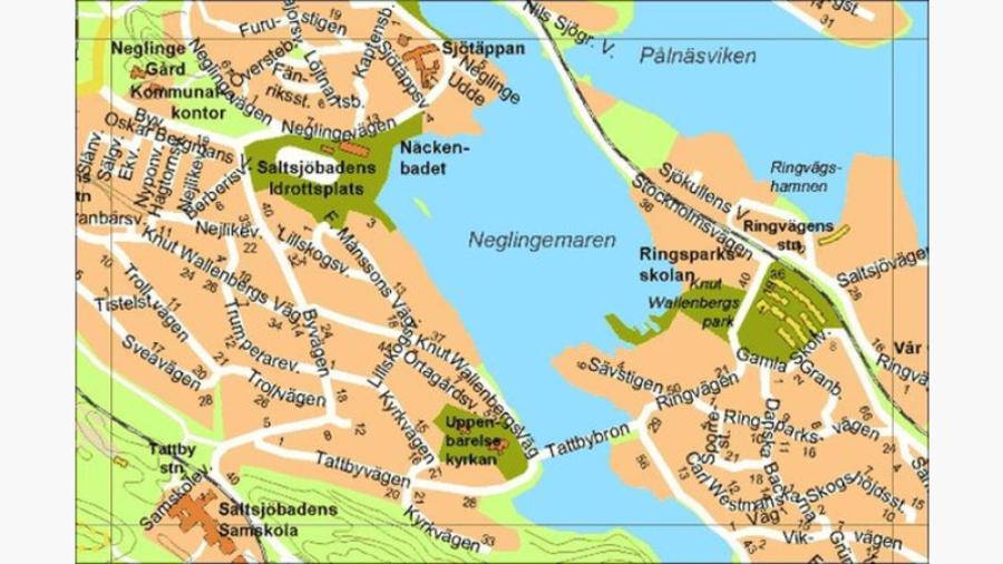 Syrenparken är de gula byggnaderna i grönområdet till höger